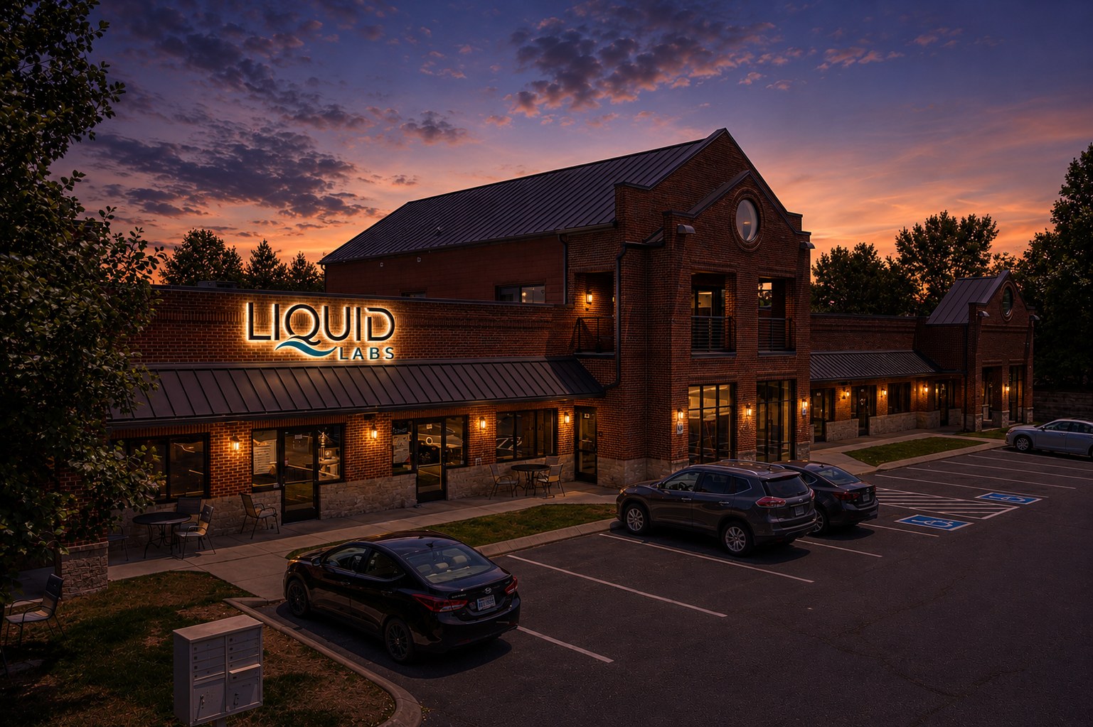 Liquid Labs logo illuminated on a brick beverage innovation building at dusk